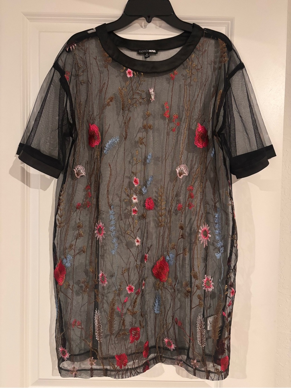 Fashion Nova Black Sheer Mesh Floral Embroidered Tunic Dress